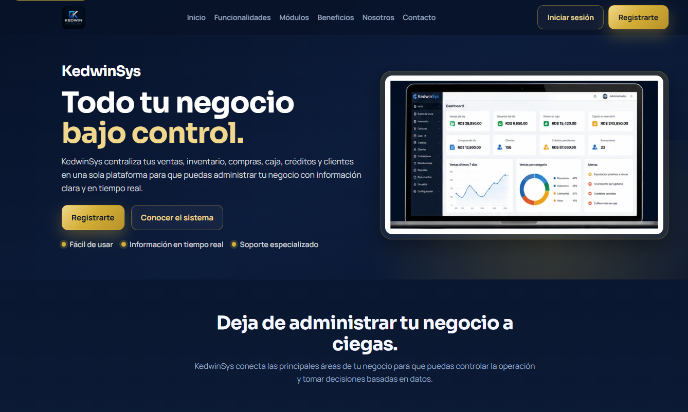 Captura de la landing de KedwinSys, sistema de facturación y gestión empresarial